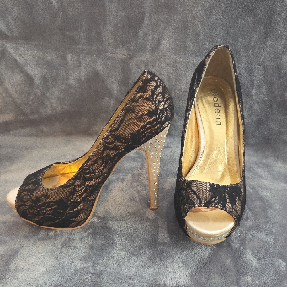 Black Lace Peep Toe Heels